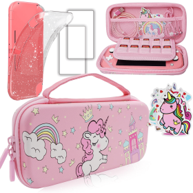 Pink Unicorn Carrying Case Compatible with Nintendo Switch Lite with Crystal Glitter Soft Protective Case Cover+Screen Protector+Stickers, Hard Storag