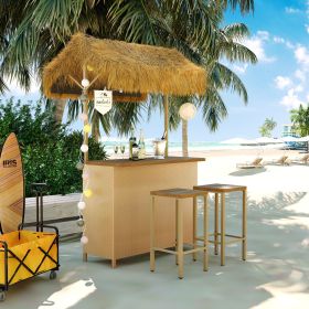 Only Pick Up Hawaiian-style Bar Height Patio Set with PE Grass Canopy, Outdoor Bar Table and Stools with Adjustable Feet, Acacia Wood Top, for Dining