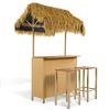 Only Pick Up Hawaiian-style Bar Height Patio Set with PE Grass Canopy, Outdoor Bar Table and Stools with Adjustable Feet, Acacia Wood Top, for Dining