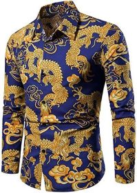 Men's Print Shirts 3D Pattern Dragon Slim Fit Button-Down Fashion Dress Long Sleeve Top Polo Shirt (Color: Blue, size: XL)
