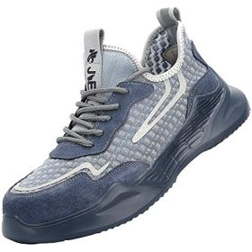 JIEFU Men Work shoes; Steel Toe Shoes; men sneaker; Lightweight Breathable Mesh Slip Resistant Work Shoes Comfortable Indestructible Construction Shoe (Color: Navy blue, size: 37)