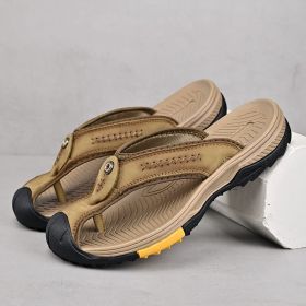 Summer men's new first layer cowhide flip-flops fashion all comfortable men's slippers beach shoes (Color: Khaki, size: 40)