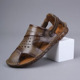 Men's new comfortable trend 100 bypass layer cowhide casual beach shoes trend men's sandals (Color: Khaki, size: 41)