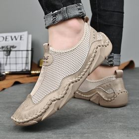Men's summer new mesh breathable comfortable large size handmade bean shoes slip-on loafers loafers (Color: Sandy, size: 42)